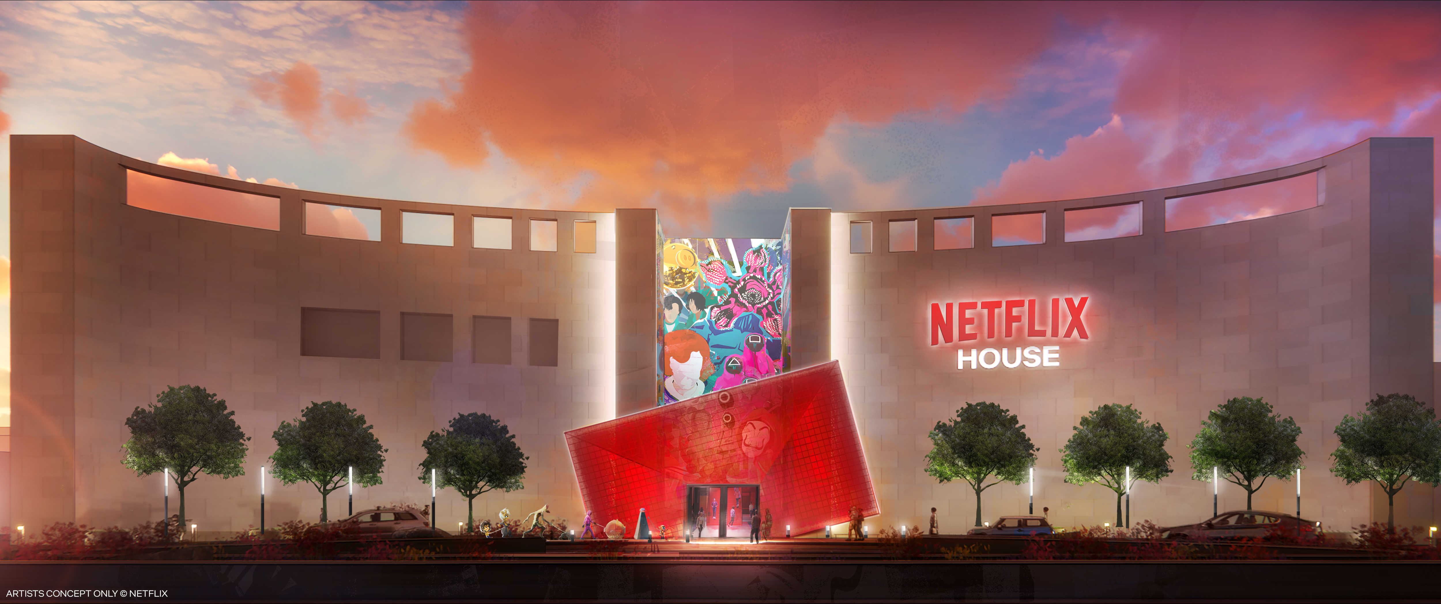 Netflix House buildings with art of the most famous series and movies from Netflix