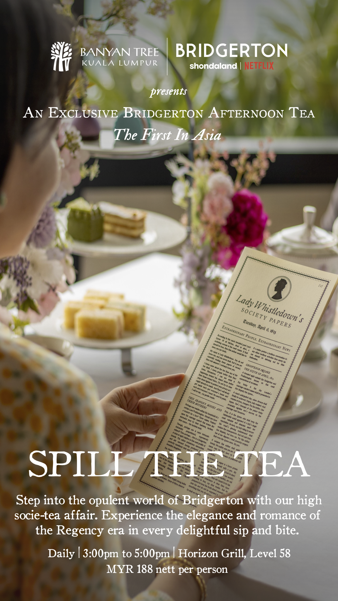 Spill the tea: Bridgerton Poster, hands of a woman with a menu of the experience